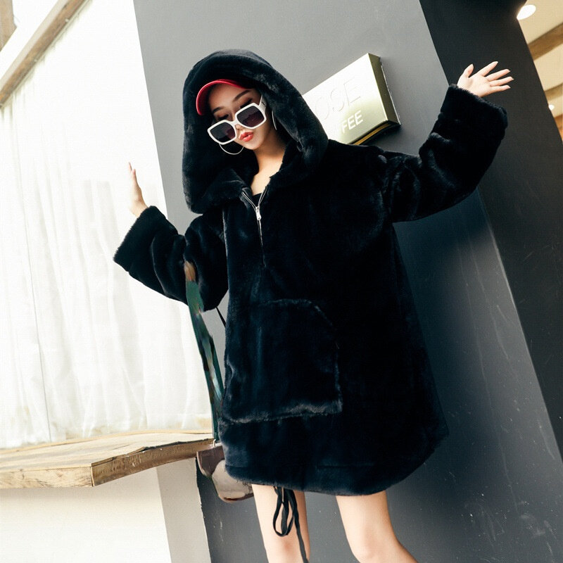 Women Mid-Length Faux Rabbit Fur Soft Thick Hooded Coat Fluffy Zipper Winter New Comfortable Faux Fur Pullover Coat