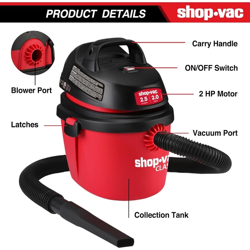 c 2.5 Gallon 2.0 Peak HP Wet/Dry Vacuum, Portable Compact Shop Vacuum with Top Handle, Wall Bracket & Attachments