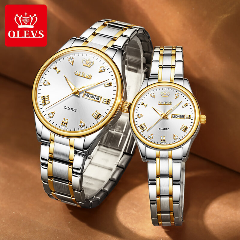 OLEVS luksusowa marka zegarek kwarcowy dla par zegarek wodoodporny prezenty dla zakochanych świetlisty klasyczny zegar tygodniowy jego lub jej zestawy zegarków