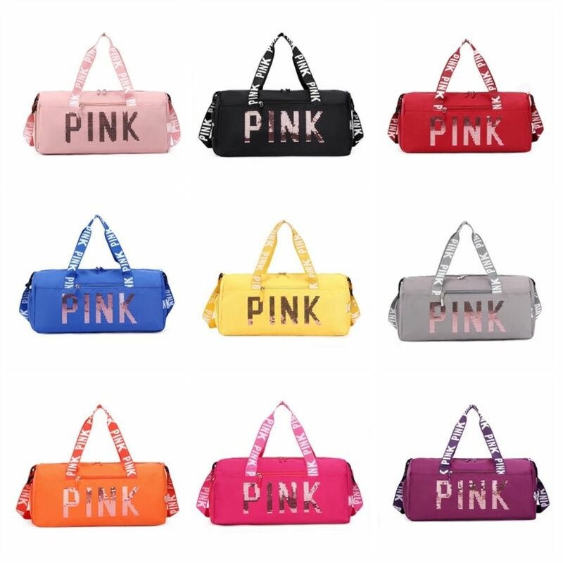 ピンクのレーザーロゴ付きジムバッグ,女性用,週末の持ち運び,旅行,軽量,ヨガ,大,新しい