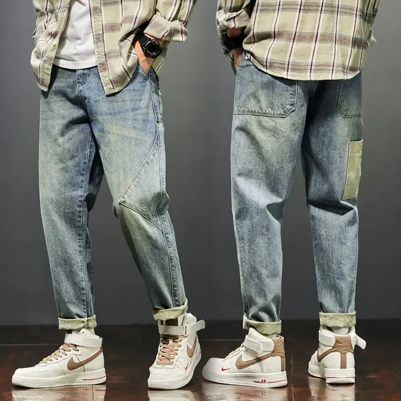 Calça de perna larga larga larga masculina, jeans largo masculino, calça jeans, bolso lateral, azul retrô, moda estilo coreano, primavera, 2022