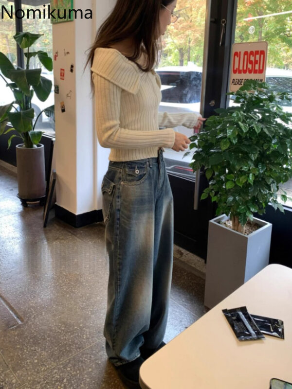 Koreanische Hose mit weitem Bein für Frauen Streetwear Vintage Y2K Jeans schicke lässige lose Hose hohe Taille Denim Pantalon Femme 27 w452