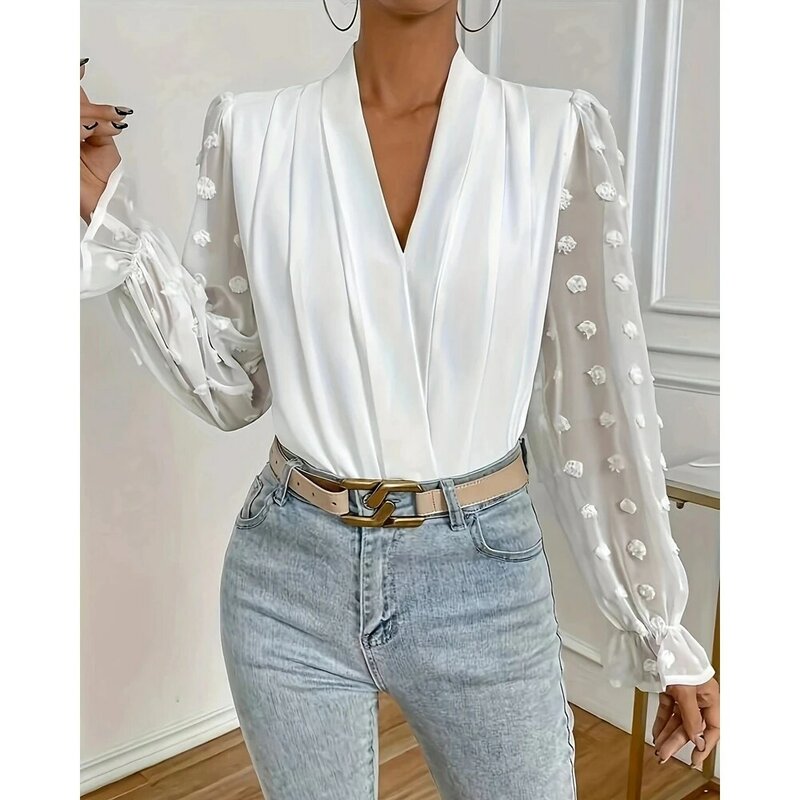 Women's Casual Lantern Sleeve V-neck Summer Blouse Femme Sheer Mesh Ruched Shirts & Blouses Fashion White Top Vintage Clothes