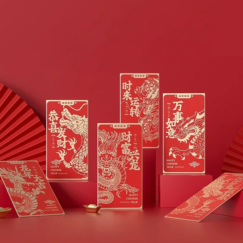 6 buah amplop merah Tahun Naga kreatif Hongbao untuk paket Festival Musim Semi Tahun Baru 2024 paket uang keberuntungan tas hadiah