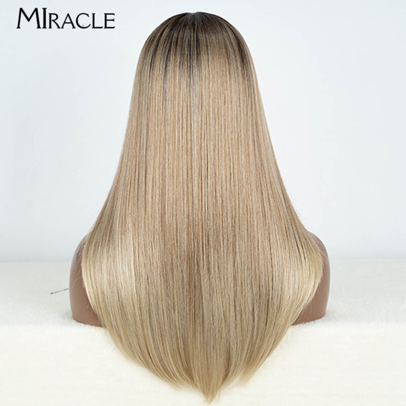 Wig renda sintetik wanita Wig pirang Ombre MIRACLE untuk wanita Wig renda lurus lembut 22 "Wig rambut palsu Cosplay tahan panas