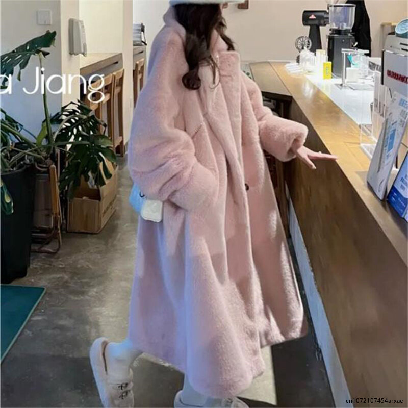 Elegant Thickening Imitation Mink Velvet Fur Coat Women Winter V-neck Double-breasted Buckle Pink Jacket Temperament Simple Tops