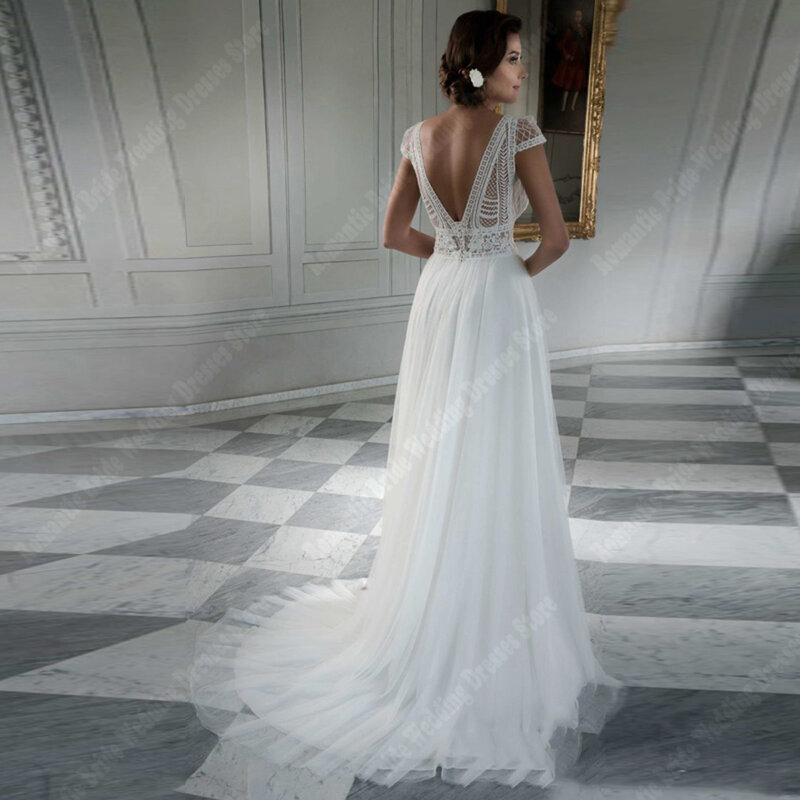 Seksowne damskie suknie ślubne z głębokim dekoltem w szpic romantyczne koronkowe druk kwiatowy bez rękawów długość do mopowania księżniczki Vestidos De Noivas 2024