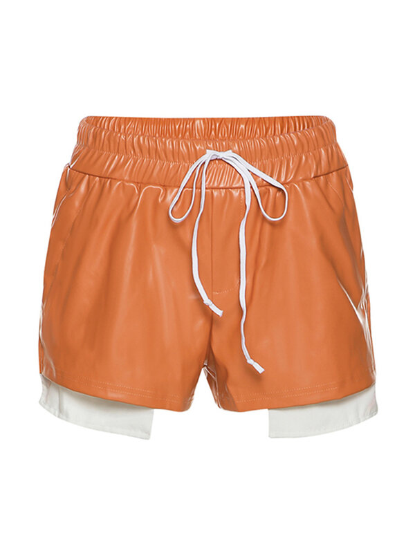 Pantalones cortos de cuero PU con cintura elástica para mujer, Color sólido/Color, costuras de contraste, cordón, estilo Simple, parte inferior suelta, informal