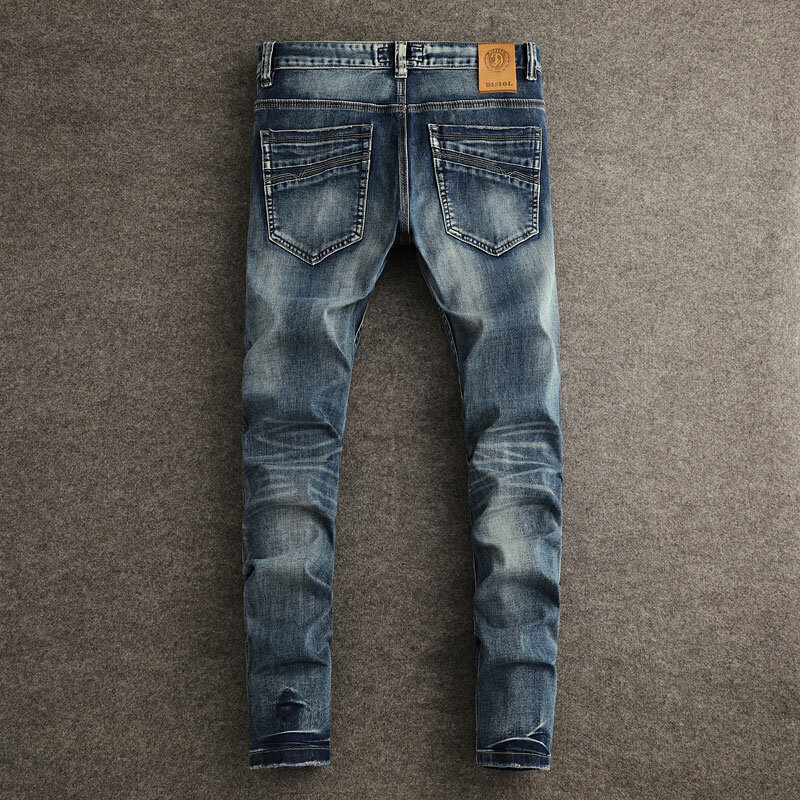 Włoski styl modne dżinsy męskie wysokiej jakości niebieskie w stylu Retro rozciągliwe dopasowanie pasujące do porwane jeansy mężczyzn w stylu Vintage spodnie dżinsowe Hombre