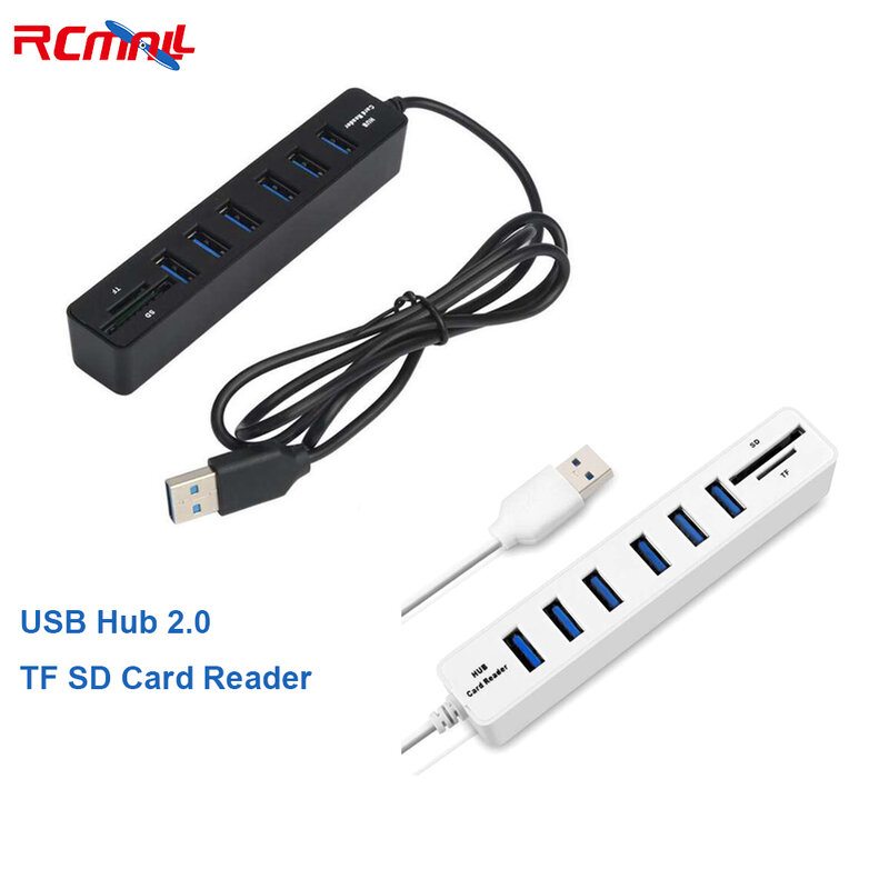 RCmall 멀티 USB 2.0 허브 USB 분배기 고속 6 포트 TF SD 카드 리더 USB 익스텐더 PC 노트북 화이트/블랙