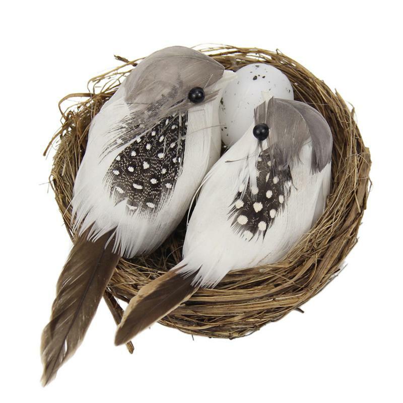 Pájaro Artificial con plumas realistas, Nido de Pájaro, huevo hecho a mano, vid natural, adornos de jardín, decoración de césped