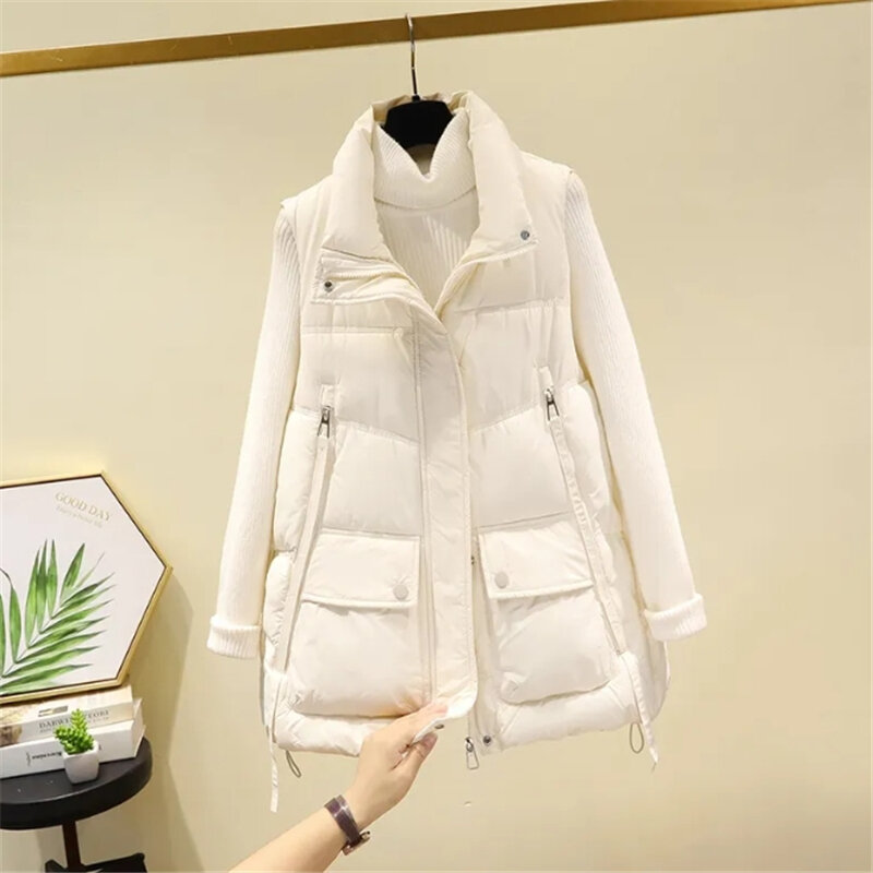 Chaleco corto de algodón para mujer, chaqueta holgada con cuello levantado, a la moda, color puro, novedad de invierno, 2023