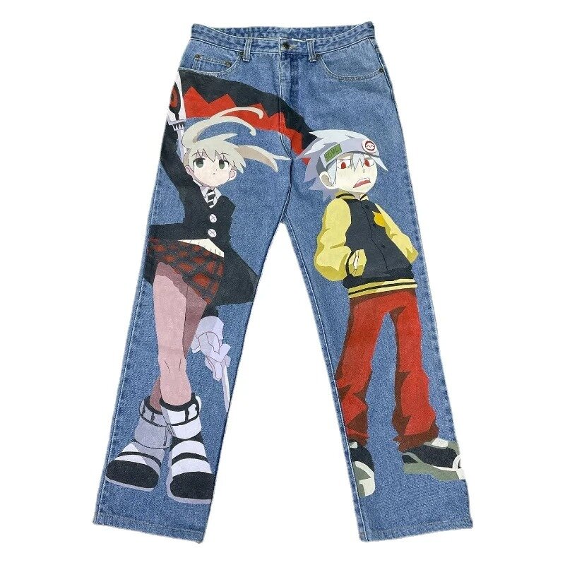 Amerykański retro jeansy męskie i damskie w stylu Harajuku z prostymi nogawkami, spersonalizowane druk komiksowy luźny dżins spodnie z szerokimi nogawkami