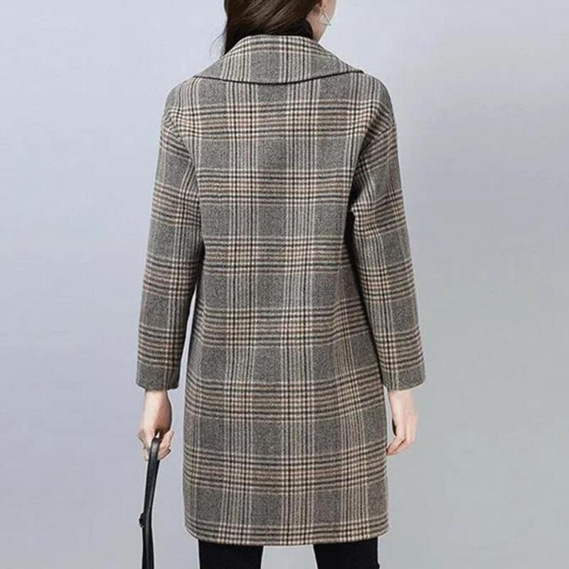 Plaid Coat Plaid Print Windproof Overcoat Stylish Mid Length Jacket for Women Casual Coat