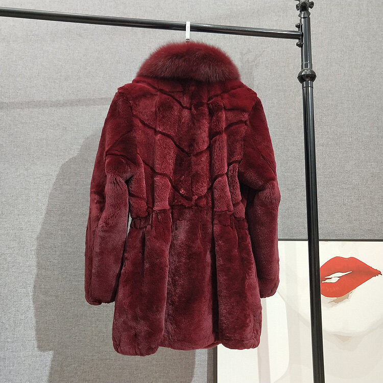 Manteau de fourrure en cuir entier pour femme d'âge moyen et âgée, col mi-long en fourrure de renard, lapin rex, nouvelle collection hiver 2022