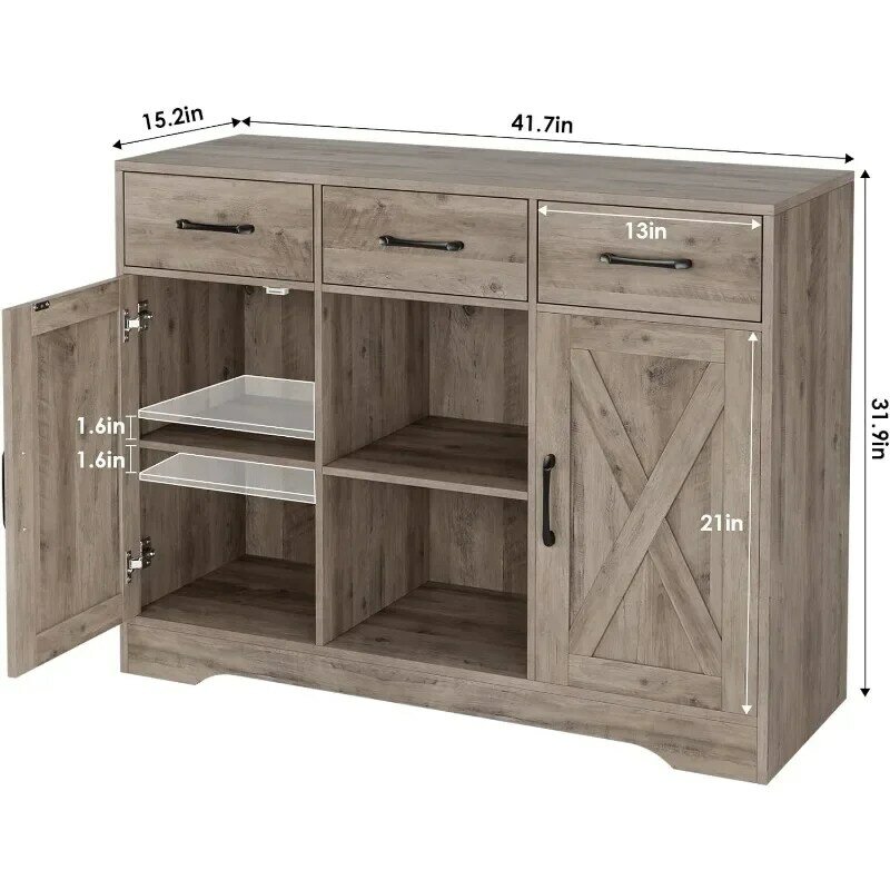 Modern Farmhouse Buffet Storage Cabinet, Barn Doors Wood Sideboard with Drawers and Shelves for Coffee Bar, Kitchen, Dining Room