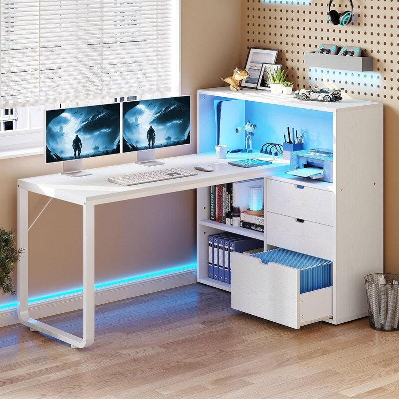 L geformter Schreibtisch mit Steckdosen & LED-Leuchten & Akten schrank, 55 "Eck computer tisch mit 3 Schubladen und 3 Lager regalen