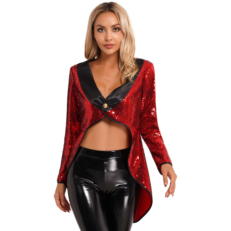 Womens Halloween Magician Dress Circus Tailcoat Jacket Sparkle Sequin One-Button Tuxedo Outerwear Dress Up Costumes
