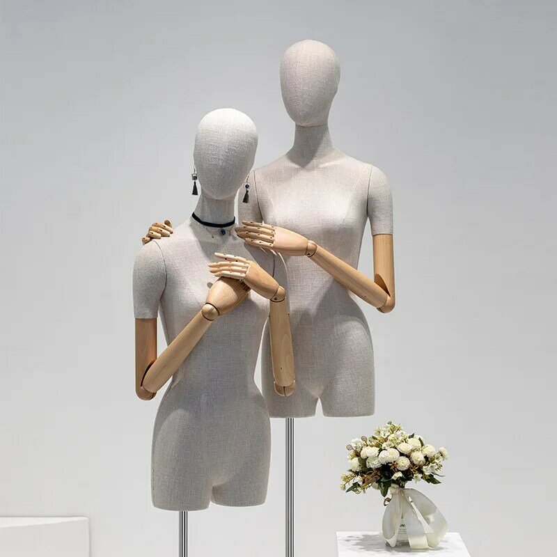 Maniquí de medio cuerpo para mujer, cubierta de tela, Base de Metal con brazo de madera, estante ajustable para exhibición de ropa de boda, novedad