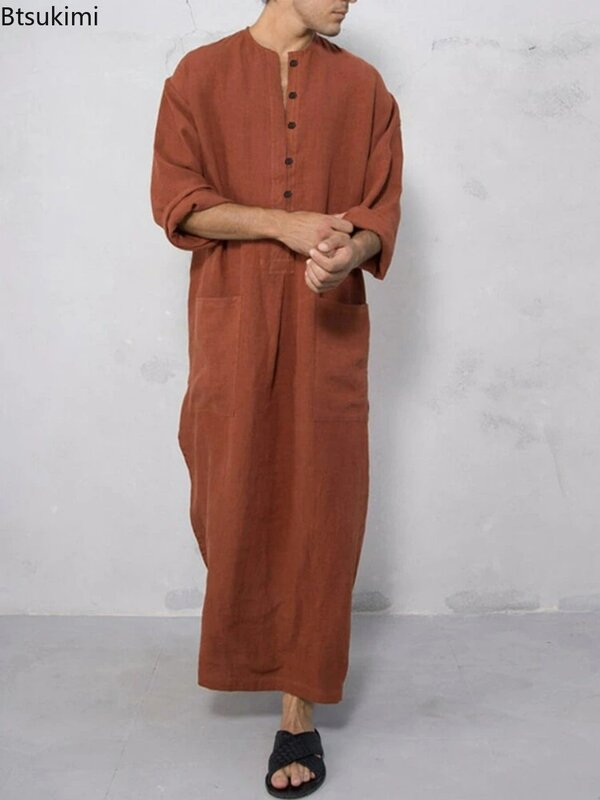 New2024 abiti moda musulmana da uomo etnico Henry Collar manica lunga Button Down Casual tinta unita arabo islamico Dubai Jubba Thobe