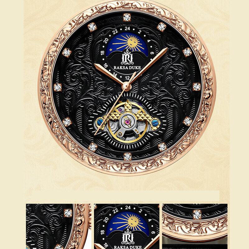 Tourbillon Automatische Horloge Voor Mannen Moond Fase Mechanische Mens Horloges W/ Diamond Retro 3D Gegraveerde Rose Gold Religio Masculino