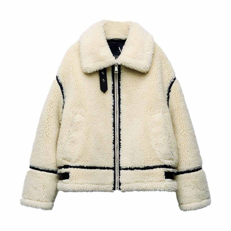 Jaqueta de pele sintética para mulheres, manga comprida, casacos de dois lados com gola, jaqueta de inverno