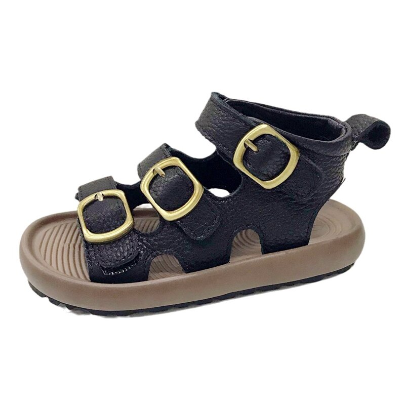 Botines de piel auténtica para niños y mujeres, sandalias a la moda, zapatos de Gladiador, color Beige, marrón y negro, informales, Verano
