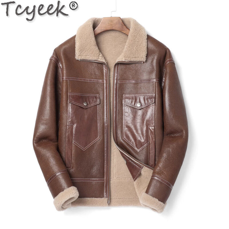 Tcyeek-メンズナチュラルシープスキンファーヴィンテージコート,本革ジャケット,厚手の本物の毛皮のコート,メンズ服,冬