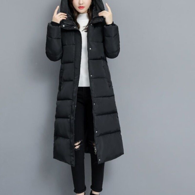 Women's Autumn Winter Fashion Solid Color Hooded Zipper Pocket Casual Versatile Long Sleeved Slim Fit Medium Length Cotton Coat