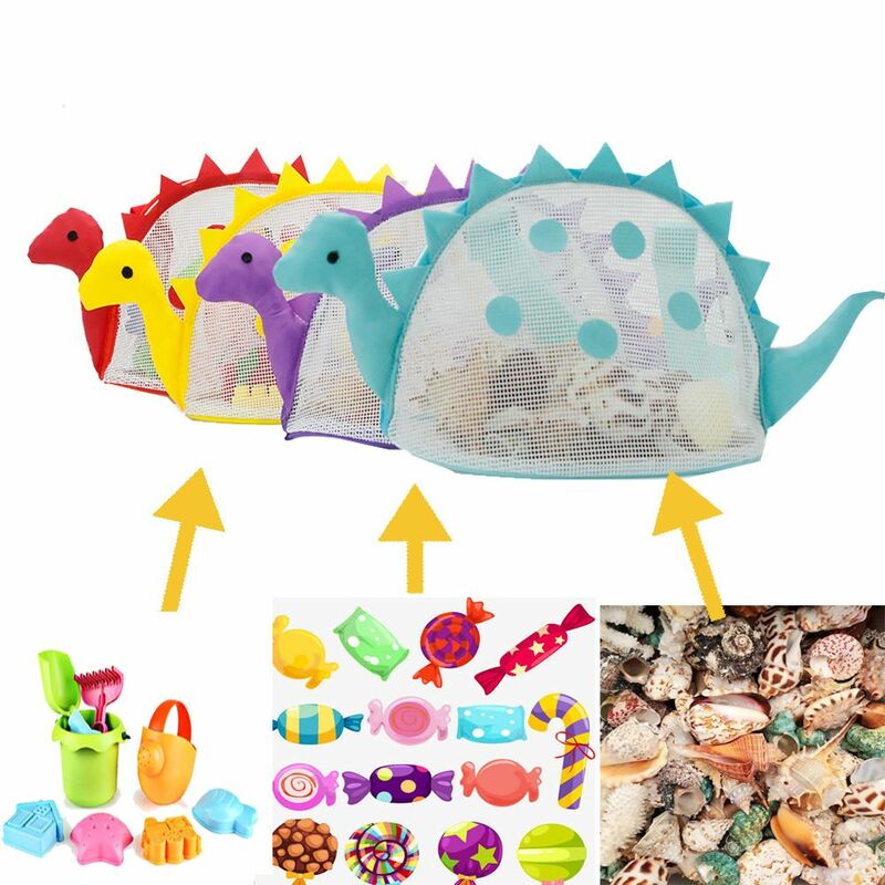 Bolsa de malla de playa con forma de dinosaurio para niños, bolsas de concha para sujetar juguetes de playa, bolsas de almacenamiento de recolección para niños, organizador de herramientas de arena