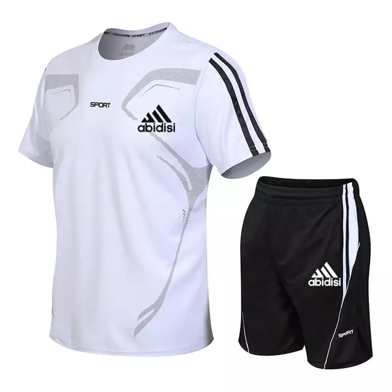 2024 new men's sportswear summer suit men's fitness suit sports suit short-sleeved T-shirt + shorts quick-drying 2-piece print