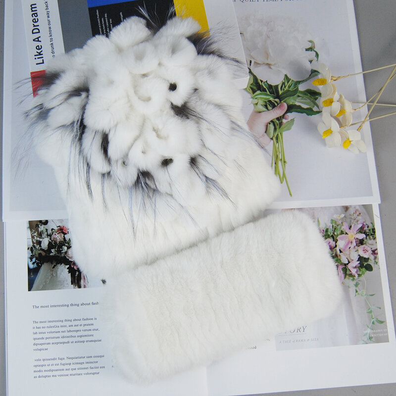 Новый стиль, женские вязаные меховые шапки, глушитель, 2 шт., женские теплые зимние шарфы шапка из меха кролика рекс