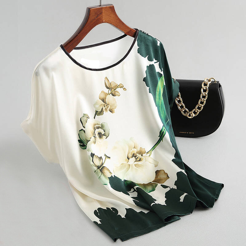 Modne kwiatowe bluzki z nadrukiem damskie satyna jedwabna Plus rozmiar rękaw w kształcie skrzydła nietoperza T-shirt w stylu Vintage Casual z krótkim rękawem topy