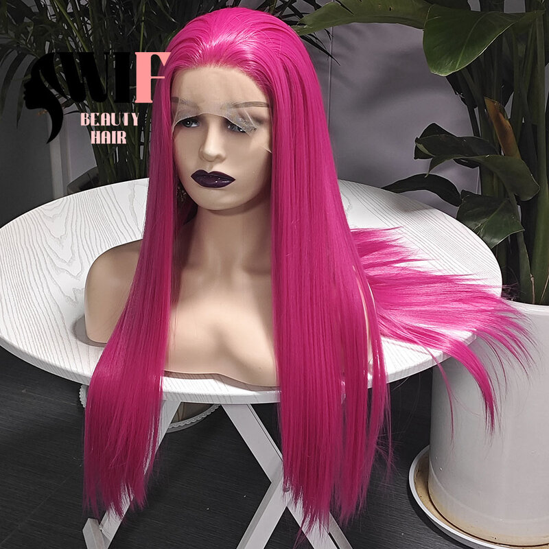 WIF-peluca sintética larga y recta de seda para mujer, pelo rosa, fibra amigable con el calor, maquillaje, Cosplay, Color rosa brillante