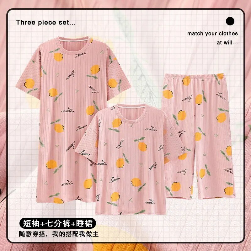 Pijama de manga curta modal para mulheres vestido de pijama de verão, camisola de panturrilha, roupa doméstica, conjunto de 3 peças 2023