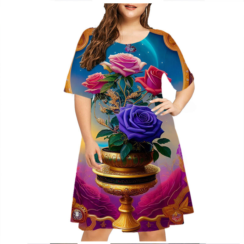 Robe imprimée à fleurs roses jaunes pour femmes, nouveau modèle, vintage, manches courtes, robe de soirée, robes de plage d'été, grande taille