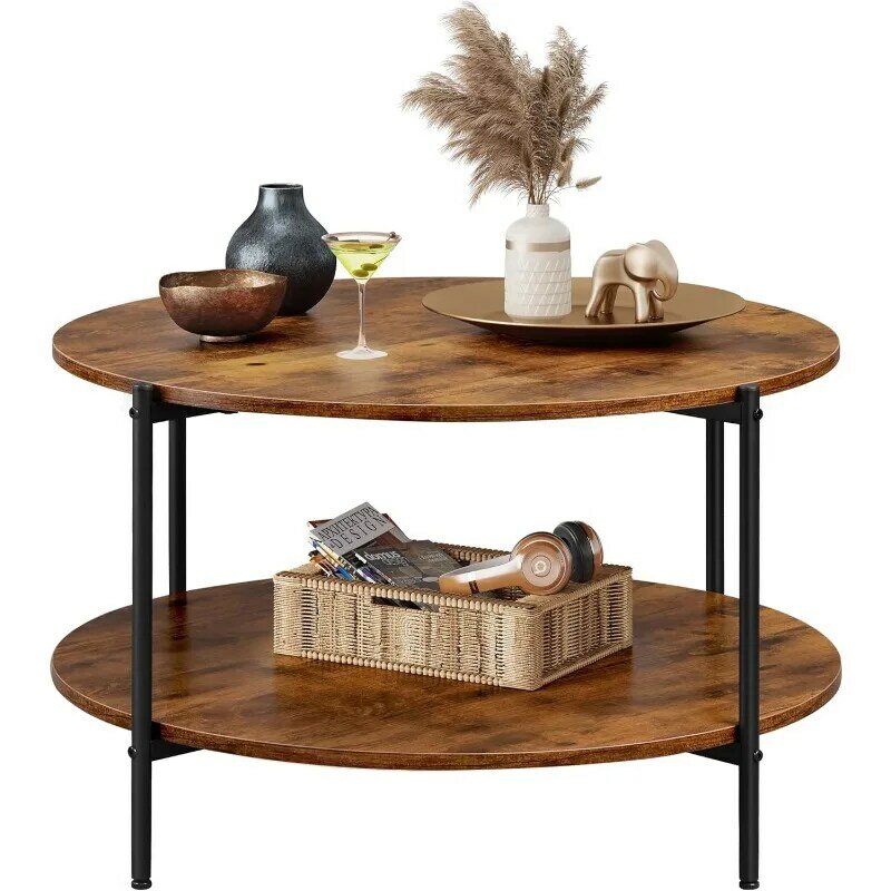 Table basse ronde 32 pouces, table de salon avec étagère de rangement à 2 niveaux, table basse moderne en bois avec cadre en métal et bureau en bois