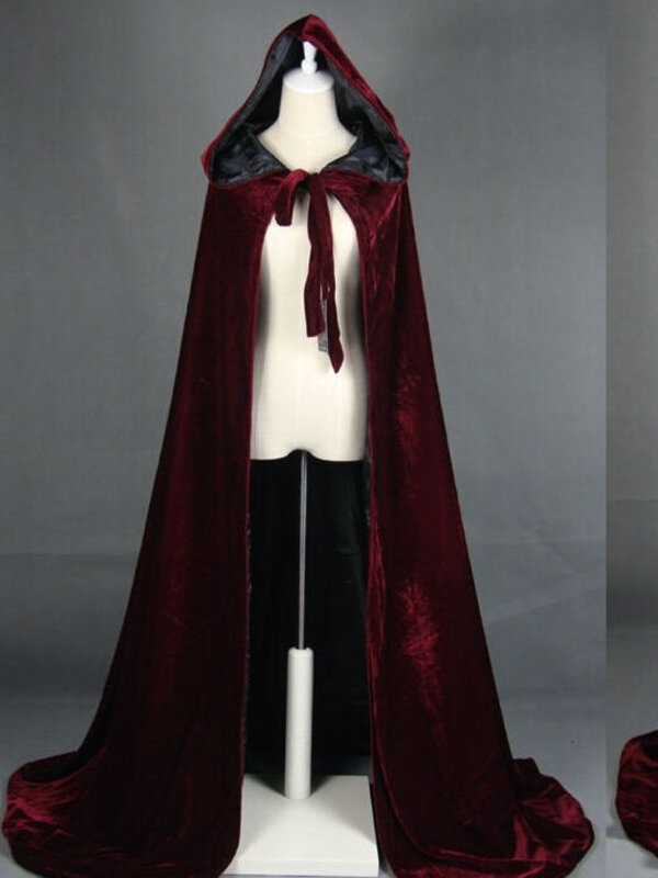 Capa con capucha de terciopelo rojo vino negro, capa de boda, bata wicca de Halloween, chal nupcial, capa medieval, Stock