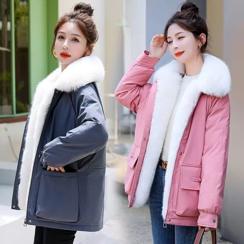 Mantel mode Musim Dingin 2024 jaket katun baru jaket katun pendek besar mewah tebal kerah bulu besar mantel katun hangat Parka wanita Pink