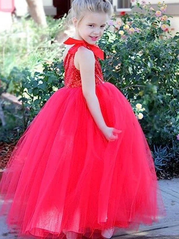 Jedno ramię cekinowa dziewczęca sukienka w kwiaty bufiasta tiulowa księżniczka pierwsza komunia-linia bez rękawów ślubna suknia urodzinowa dla dziecka