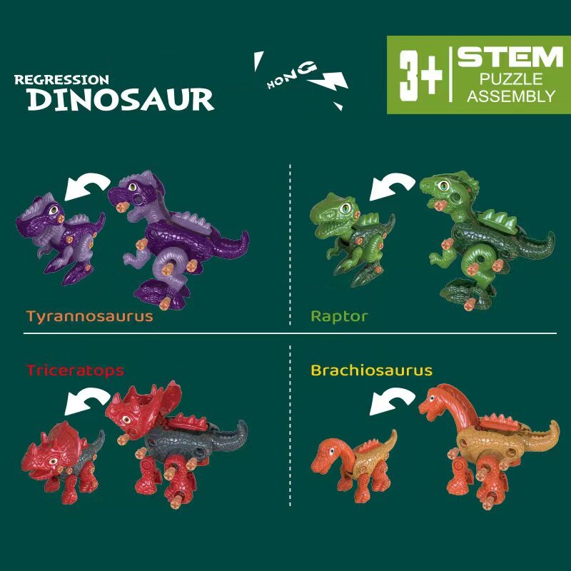 دمى الديناصور ، 3in1 تفكك اللعب مع الحفر الكهربائية للأطفال ، ألعاب البناء التعليمية الجذعية ، هدية عيد ميلاد عيد الميلاد
