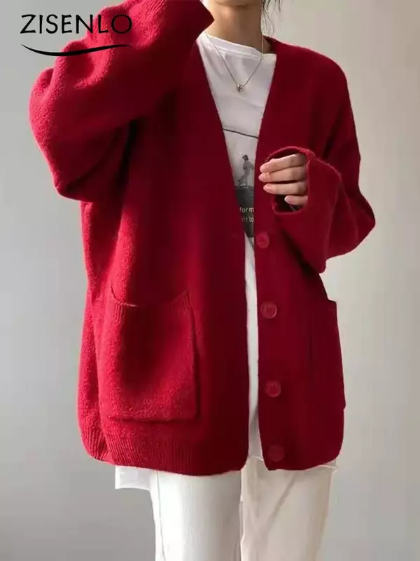 Autumn New Loose and Lazy Style Pure Color Knitted Cardigan Casual Sweater Coat Knitted Cardigan Sweater Women Korean Fashion