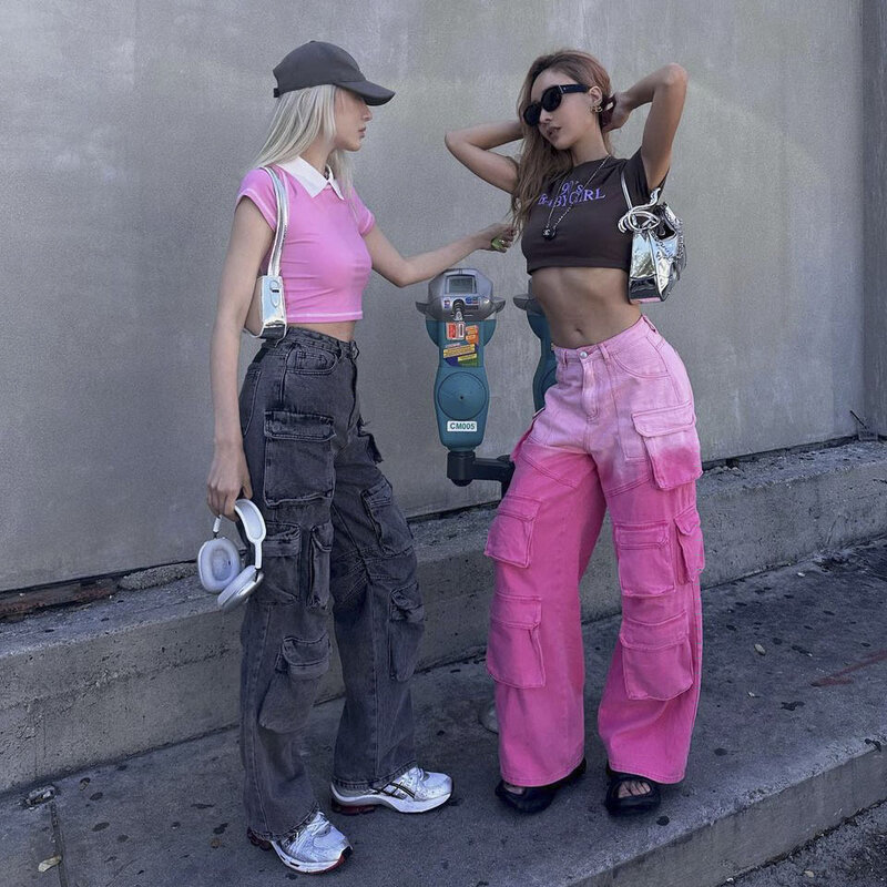 Джинсы-карго Y2K женские с градиентом, модные брюки из денима с карманами и высокой талией, Повседневная винтажная уличная одежда в стиле Харадзюку, 2024