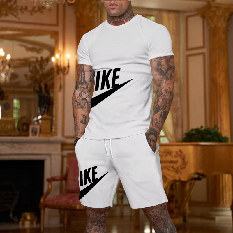 Penjualan terlaris kaus + celana pendek 2 potong untuk pria kasual kebugaran jogging pakaian olahraga, set lengan pendek bersirkulasi hip-hop musim panas