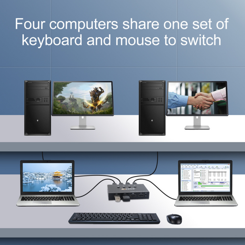 Adaptador usb kvm switch divisor 4 em 4 saídas, 4 unidades, compartilhamento de 4 dispositivos usb, 2.0, pc, impressora, teclado, mouse