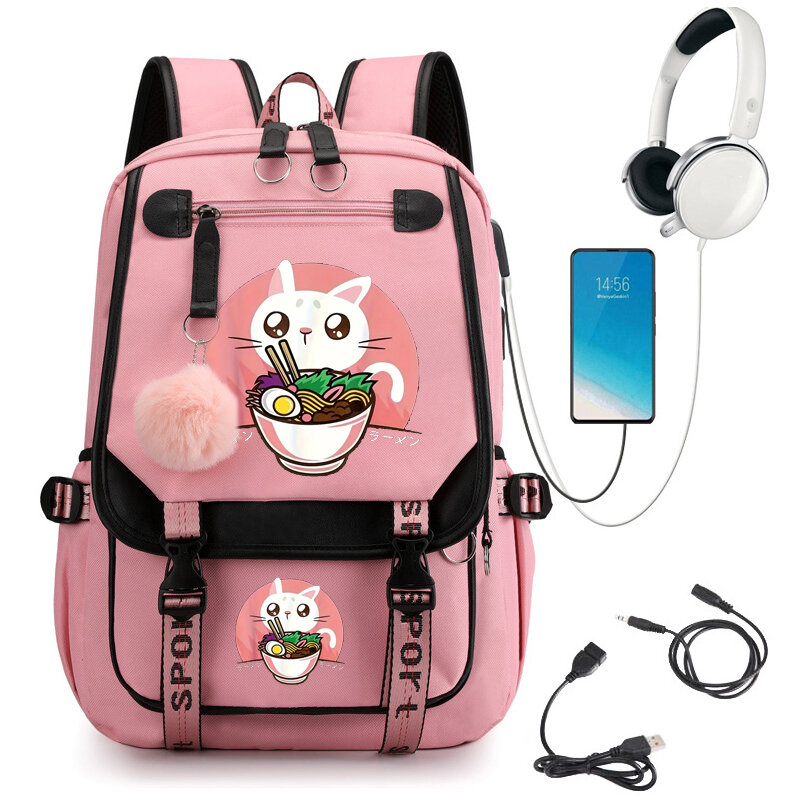 Cute Anime Cat Eat Ramen Backpack para Meninas, Mochilas escolares para Estudantes, Adolescentes, Bookbag, Mulheres, Laptop, USB Charging Bagpacks