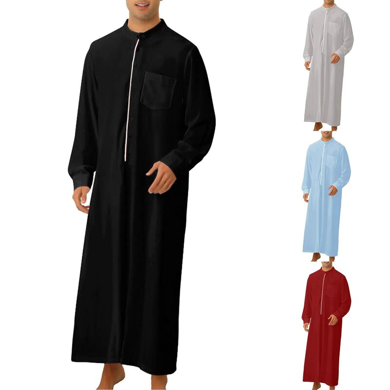 Mens Muslim Arabia Casual Long Sleeve Pocket Loose Robe Shirt Muslim Robe Loose Streetwear Business