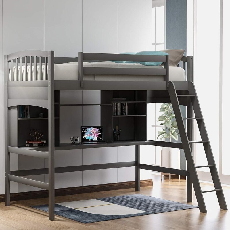 Tempat tidur anak, tempat tidur susun kembar dengan meja, kayu Solid Ukuran ganda dengan rak, tempat tidur anak