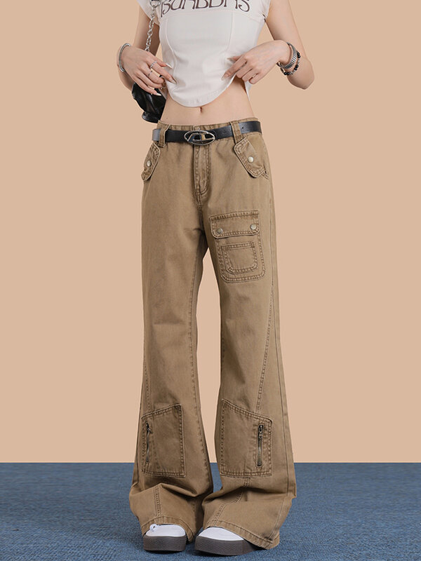 Calça de perna reta vintage feminina, design chique, bolsos múltiplos, estilo streetwear americano, cintura alta, jeans slim fit