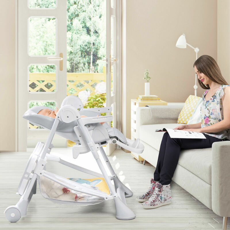 Chaise haute Convertible et réglable pour bébé, panier de rangement avec plateau à roulettes, gris, AD10007GR